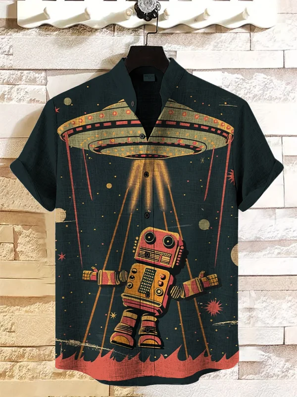 Men's Vintage Robot UFO Print Casual Shirt