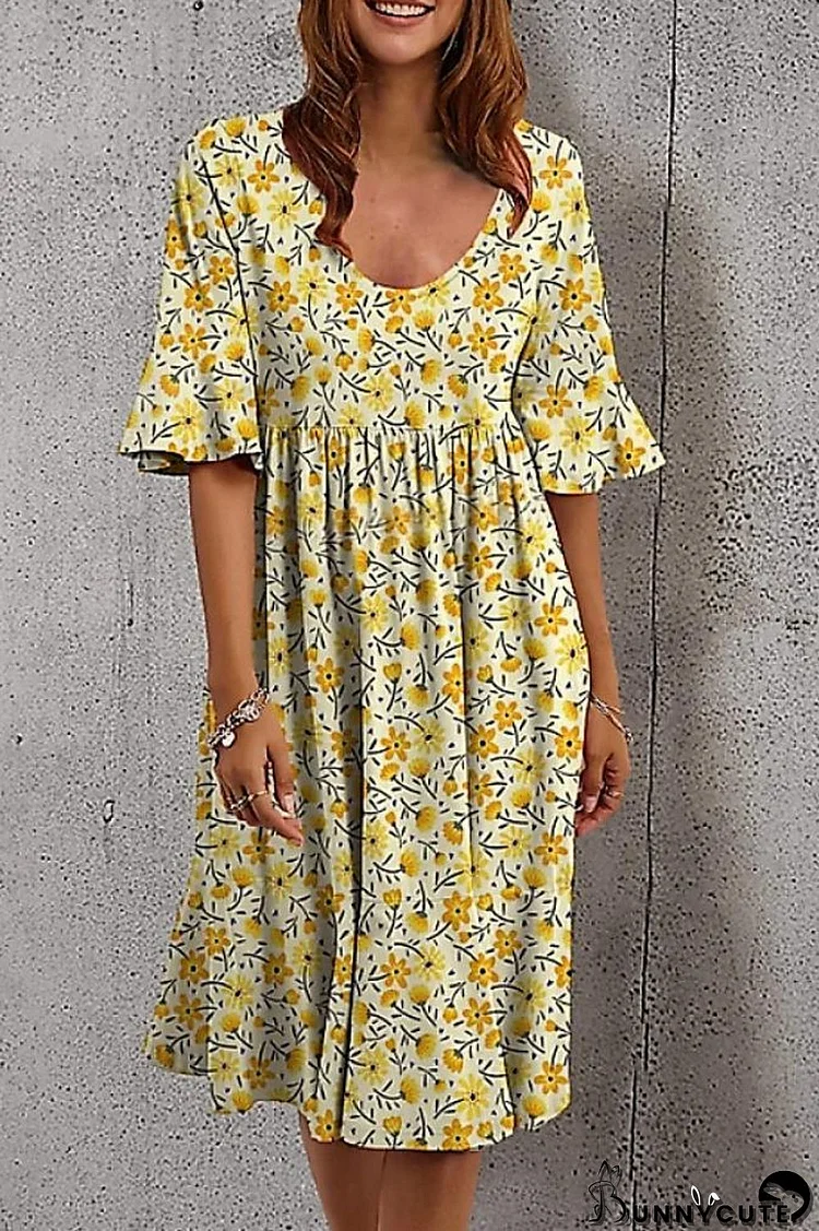 Vintage Floral Print Short Sleeve Midi Dress