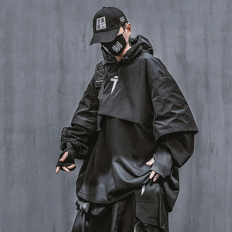 Shawl Casual Hooded Sweater Fake Two Dark Functional Loose Fitting Jackets-dark style-men's clothing-halloween