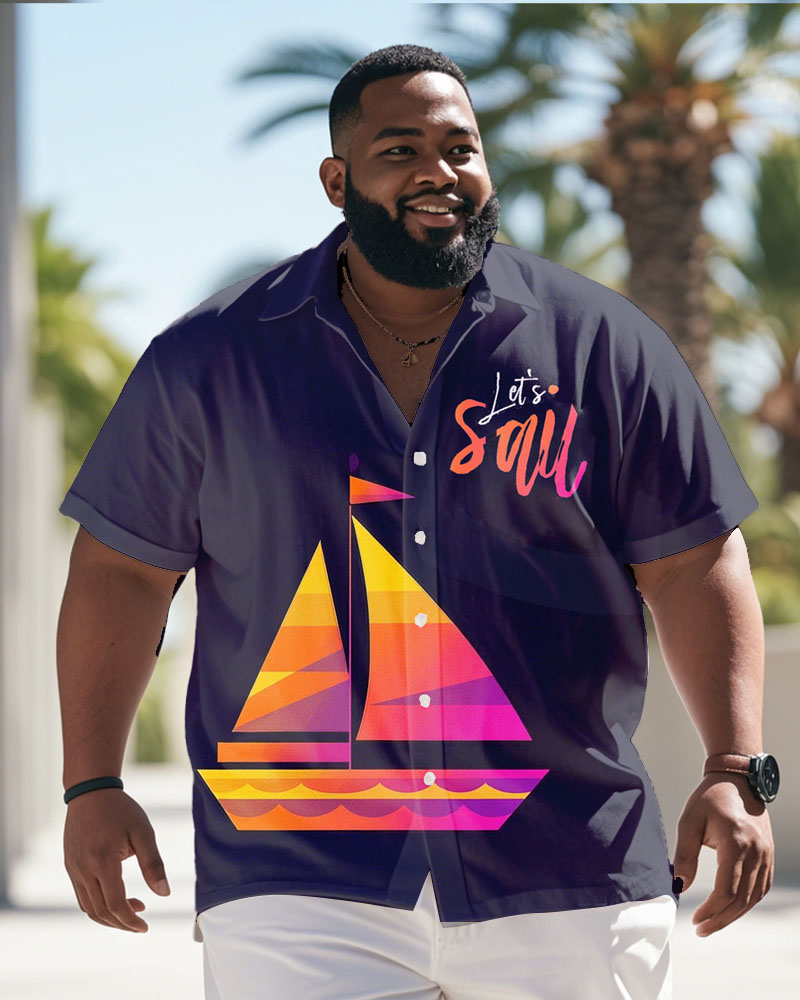 Men's Plus Size Gradient Sailboat Print Short Sleeve Shirt