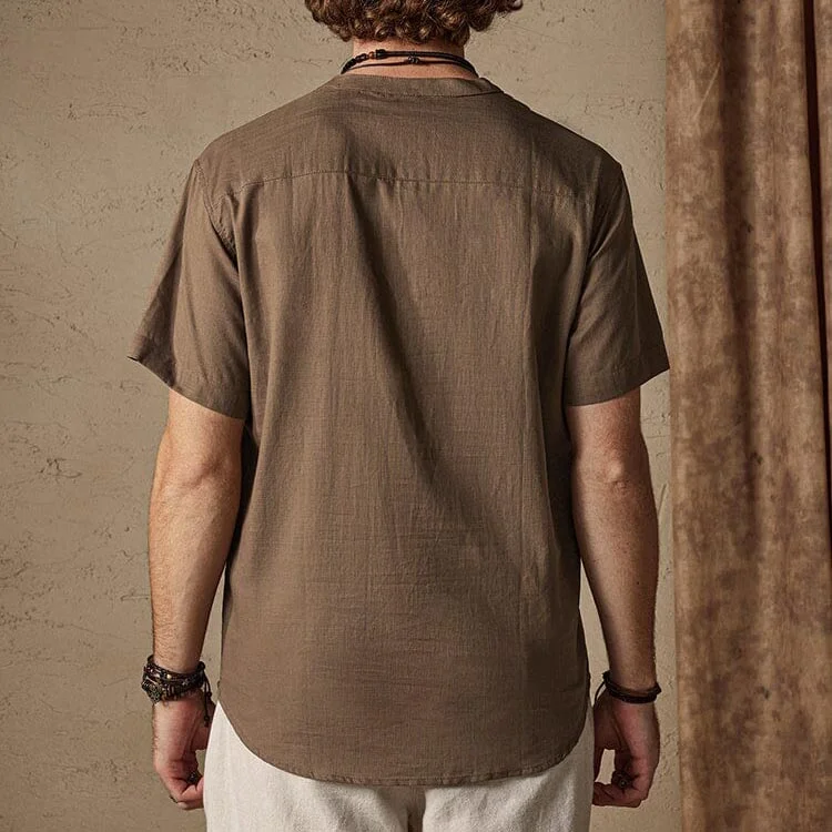 Men's Cotton Linen Shirt Henley Pocket Beach Vacation Hawaiian Short Sleeve Casual Daily Tops-inspireuse