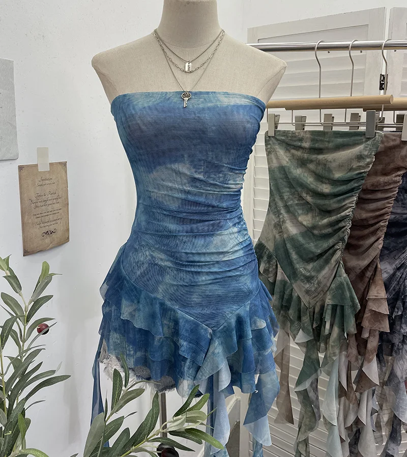 Nigikala Nigikala Shooting Hottie Sexy Shoulder Irregular Lotus Side Ribbon Bram Repair Print Sleeveless Top 1228