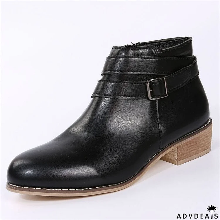 British Style Side Zipper Chunky Heels Metal Buckle Ankle Boots