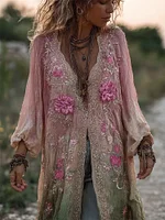 Vintage Flowers Lace Fiber Art Gradient Linen Cardigan