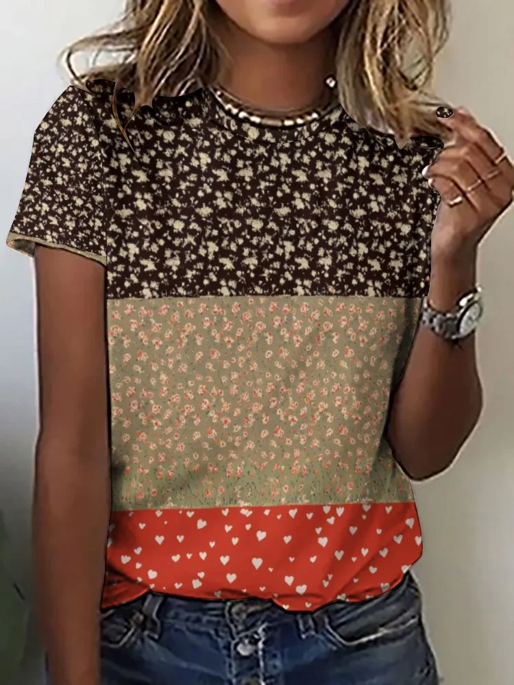 Printed Short Sleeve Casual T-shirt for  Women and Men Unisex Pattern Floral,Heart,Red,Light Coffe,Navy,Stitch