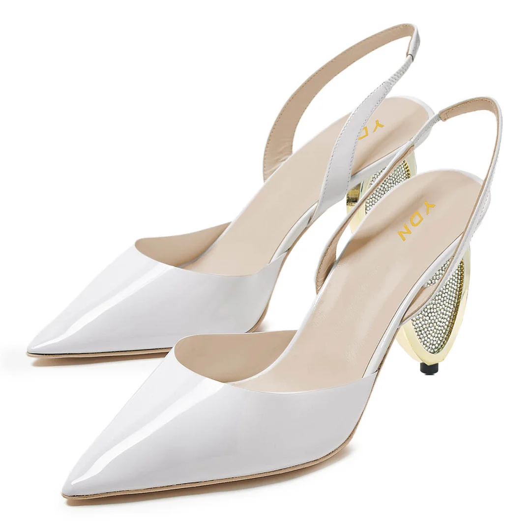 Patent Leather Sculptural Heel Slingback White Pumps with Rhinestones