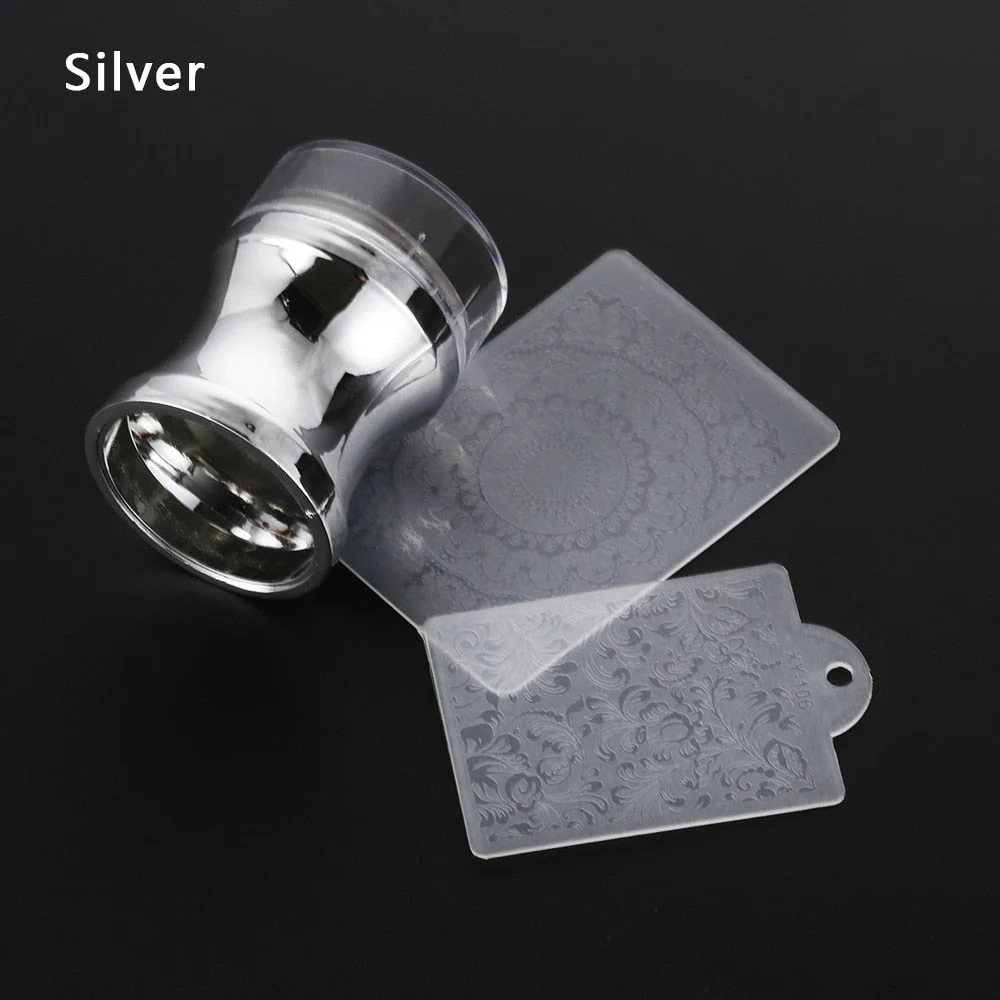 Mirror Nail Stamper Clear Silicone Head Manicure Scraper Polish Transfer Template Kits with Cap Nail Art Stamping Plate