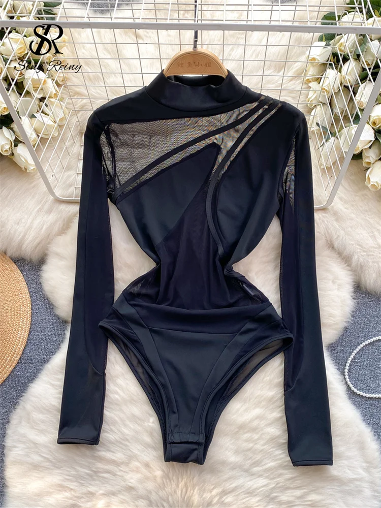 Huibahe Sexy Sheer Women Bodysuits Mesh Patchwork Slim Bodycon 2024 Spring New IN Streetwear Skinny Night Club Party Rompers