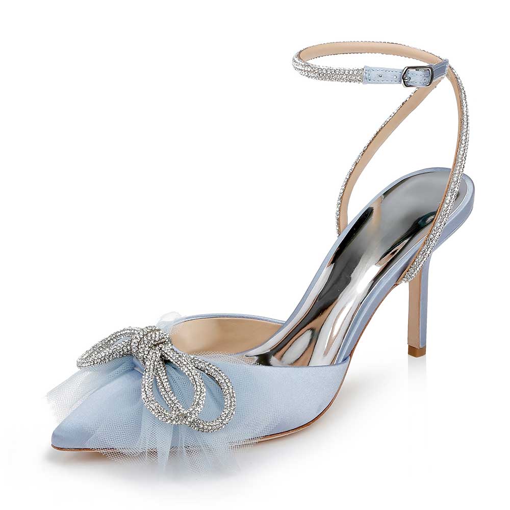 Satin Pointed Toe Rhinestone Embellished Stiletto Heel Blue Pumps Nicepairs