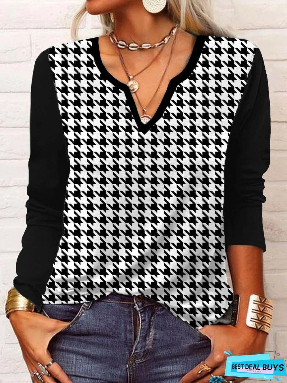 Casual Houndstooth Loose V Neck T-Shirt