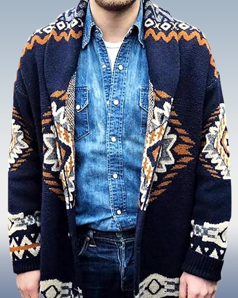 Men's Lapel Jacquard Knit Cardigan Sweater