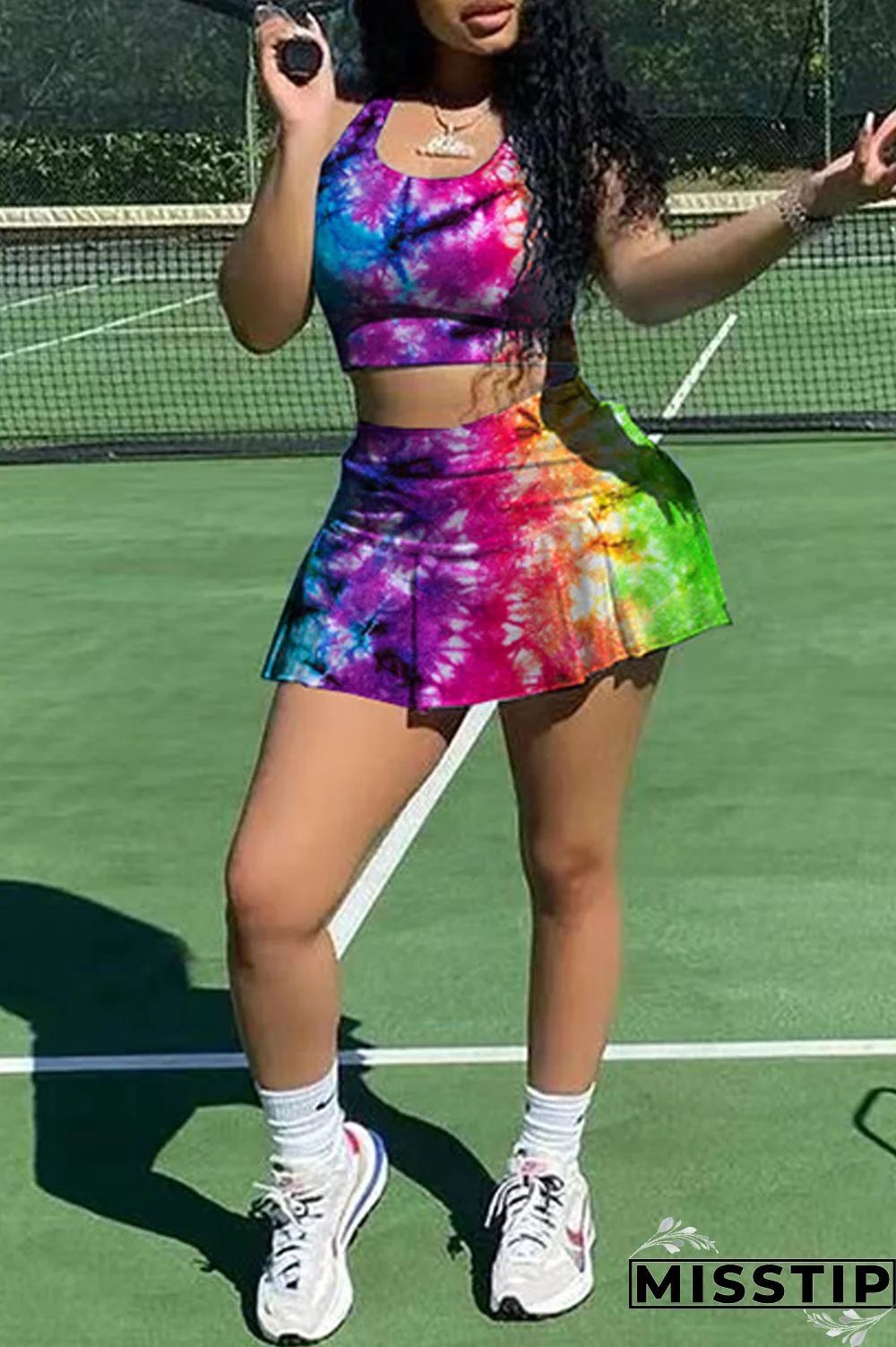 Green Yellow Sexy Casual Print Tie Dye Vests U Neck Sleeveless Two Pieces