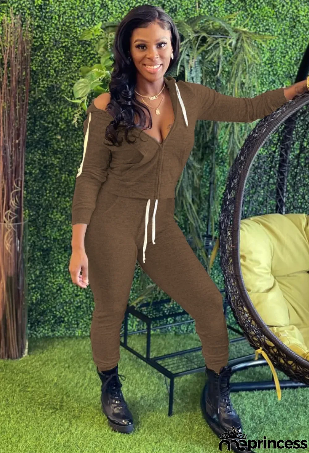 Spring Casual Brown Plain Zipper Hoodies And Pant Cheap Wholesale Two Piece Sets