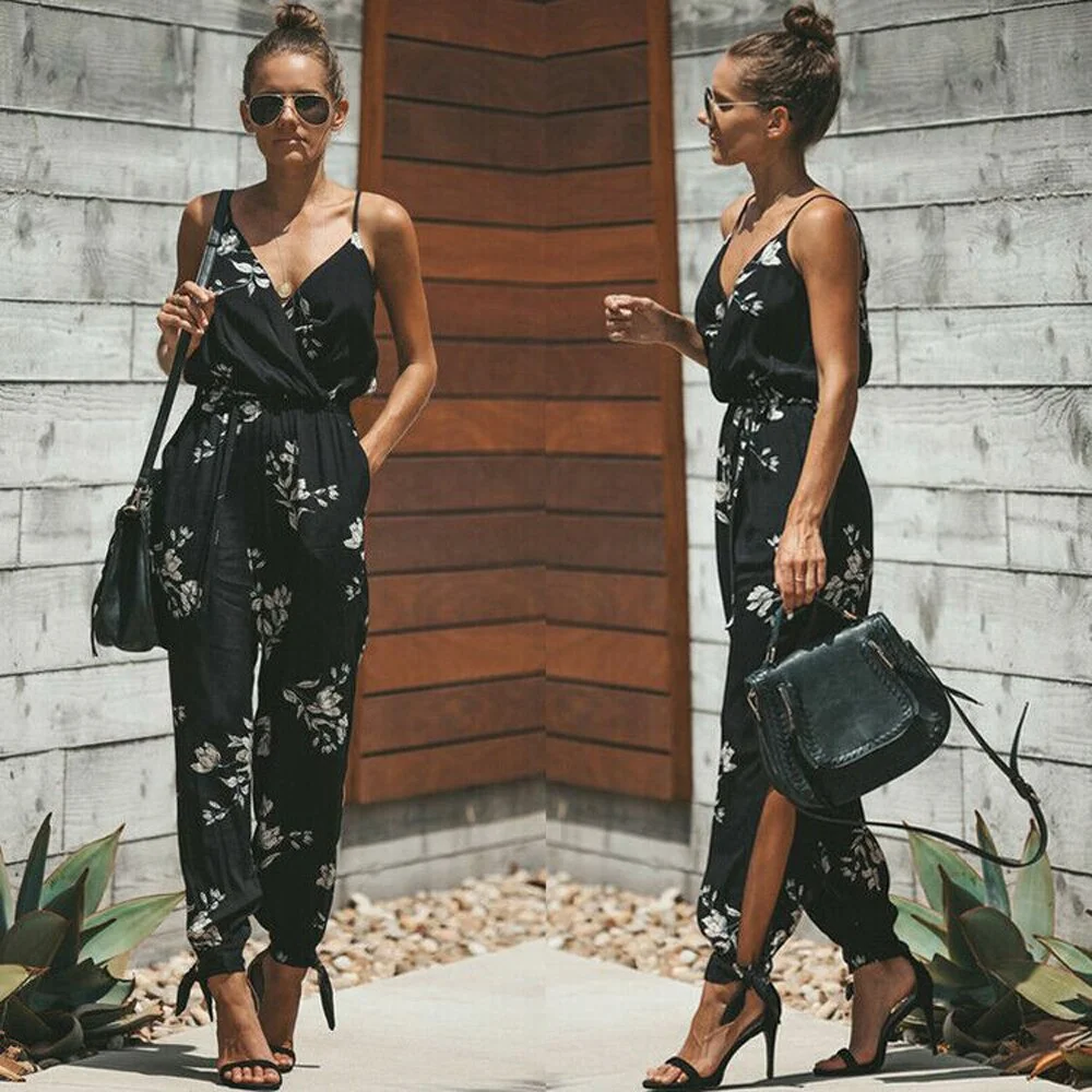 Women Jumpsuit Floral Print Baggy Trousers Overalls Print Romper Off-the-Shoulder V-Neck Bodycon Skinny Clubwear Leotard