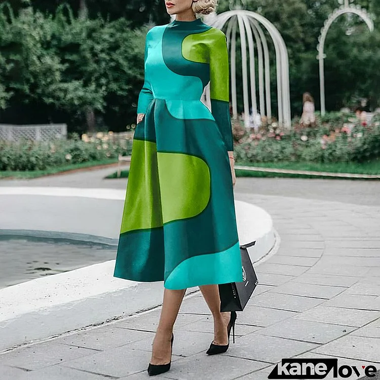 Women Vintage Elegant Color Blocking Long Sleeve Defined Waist Swing Midi Dress