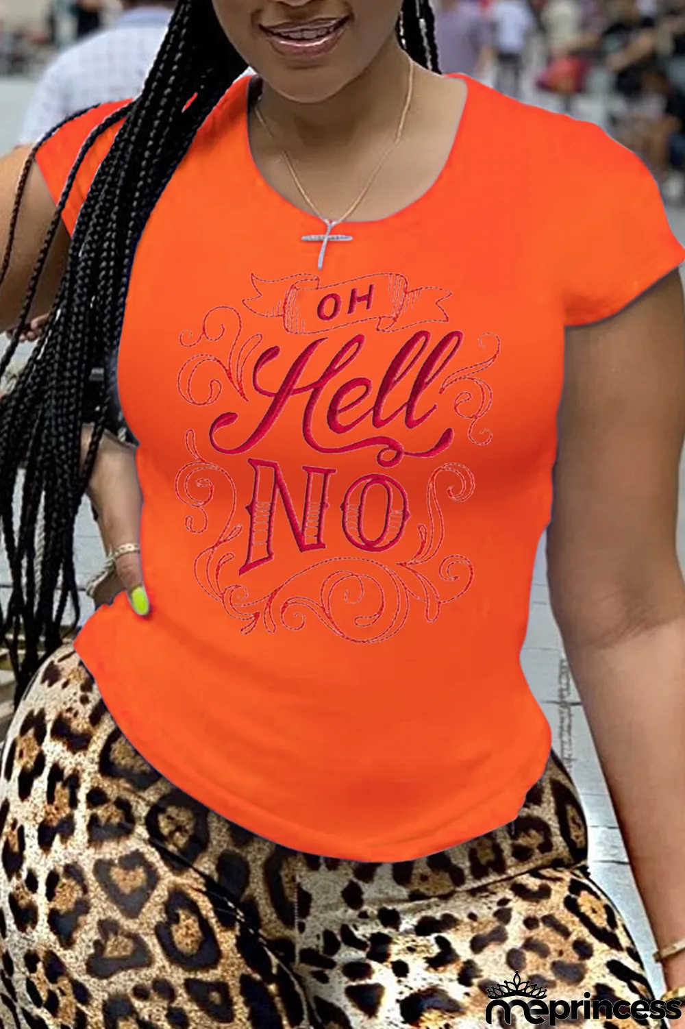 Orange Casual Daily Print Patchwork Letter O Neck Tops