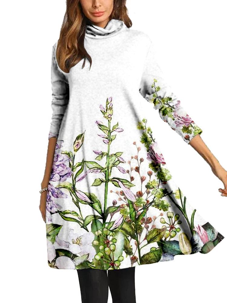 Women Long Sleeve Scoop Neck Printed Midi Dress