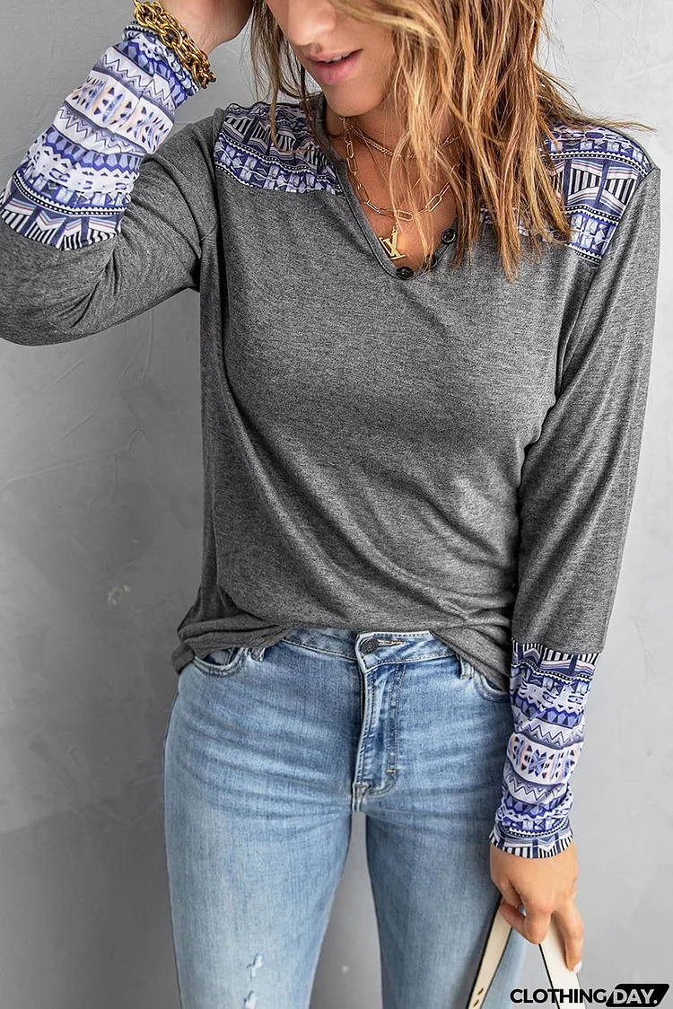 Casual Gray Aztec V Neck Top