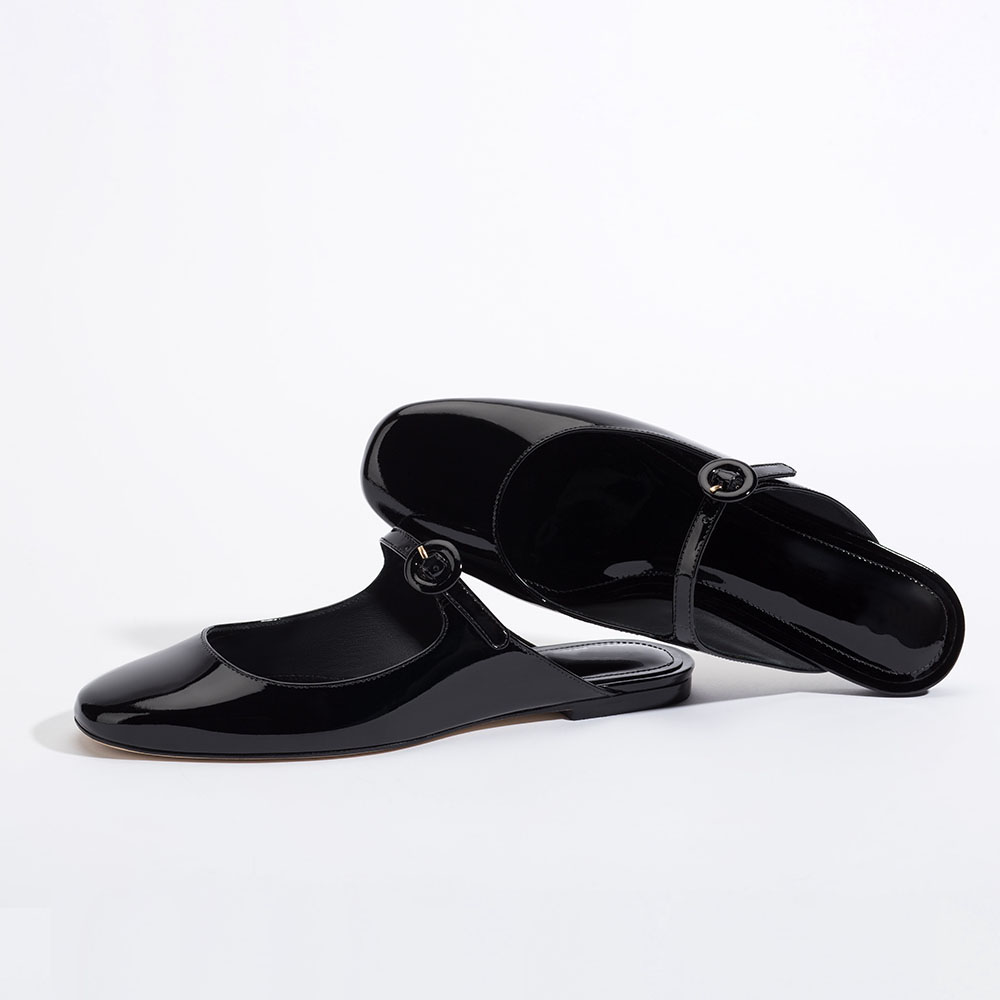Black Patent Leather Square Toe Flat Buckle Fastening Strappy Mules Nicepairs