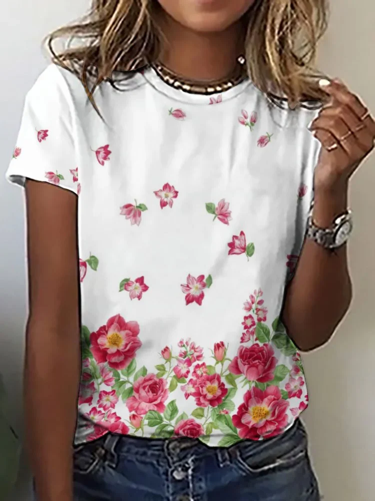 Printed Short Sleeve Casual T-shirt for  Women and Men Unisex Pattern Floral, Red, Green