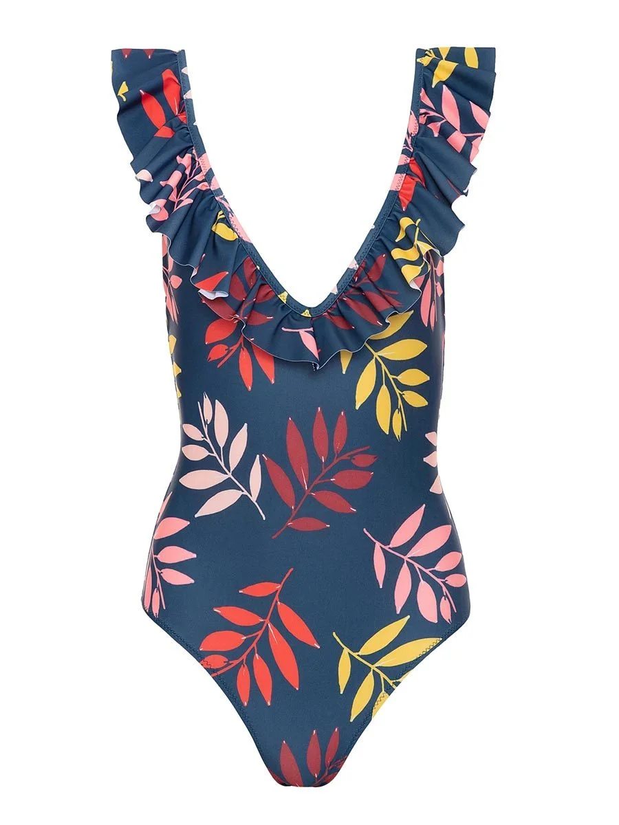One-piece Bikini Deep V Triangular Printed Backless Swimsuit