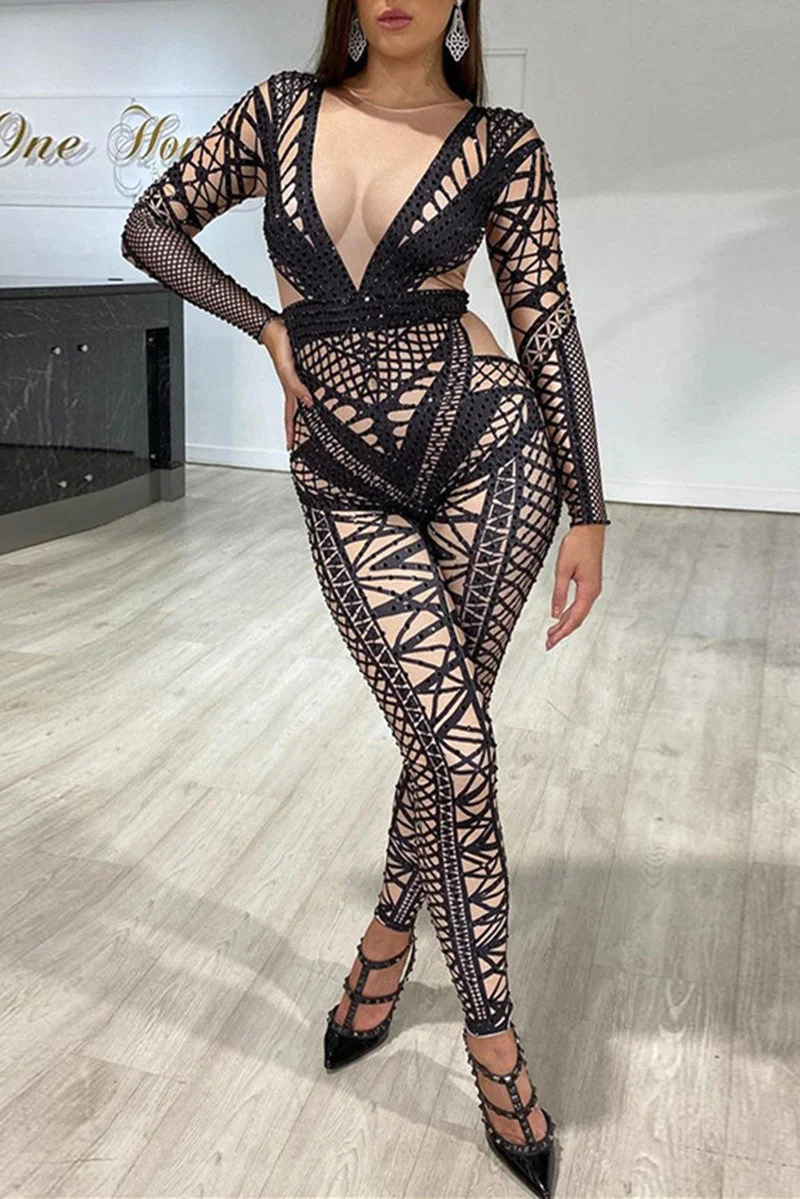 Fashion Casual Print Basic O Neck Skinny Jumpsuits