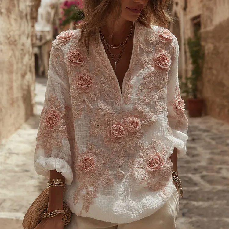 Women's Rose Floral Embroidery Linen V-neck T-shirt