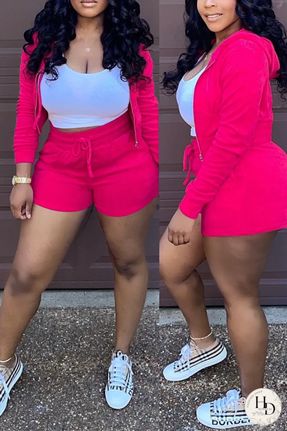 Rose Red Casual Solid Split Joint Hooded Collar Long Sleeve Two Pieces