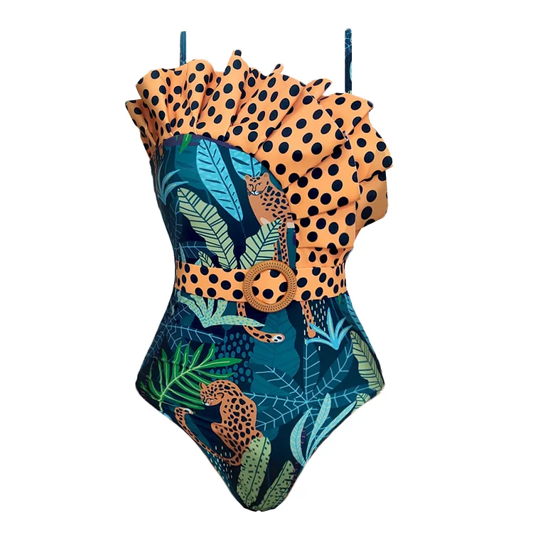 Ruffle Leopard Belt One Piece Swimsuit and Sarong Flaxmaker