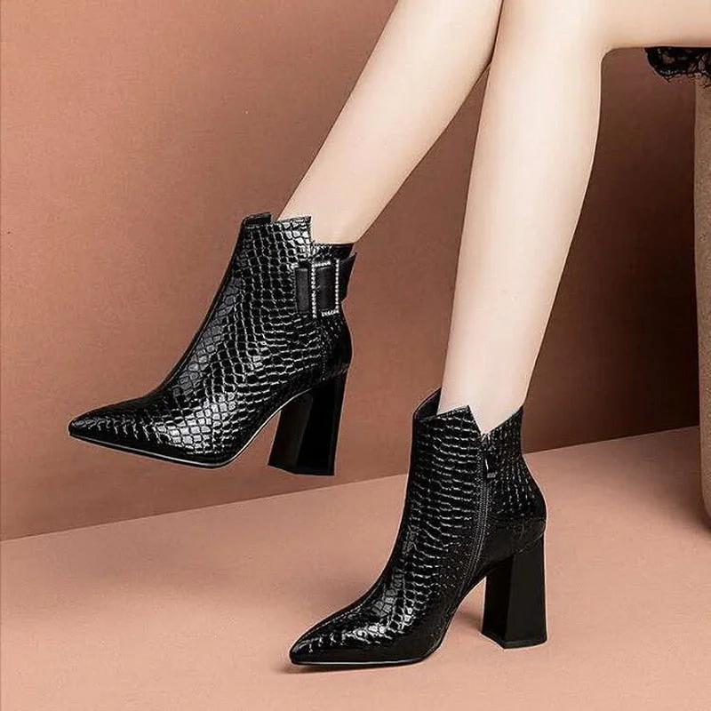 2020 New High Heeled Short Boots,Women Faux Patent Leather Winter Shoes,Pointed toe, Rhinestone Buckle, Female Footware BLACK,