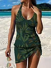 Dark Green Plant Leaves Art Print Pleated Drawstring V-neck Tankini Pantskirt Set Swimsuit