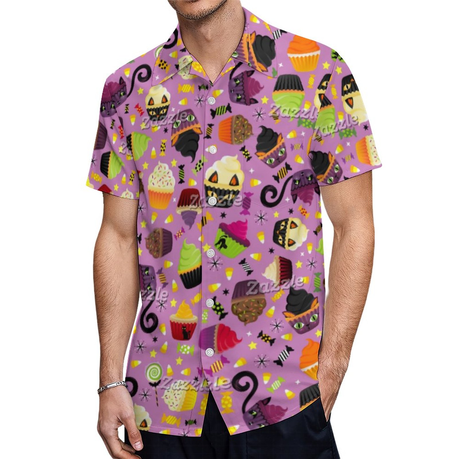 Spooky Kitty Cat Cupcakes Purple Hawaiian Shirt Mens Button Down Plus Size Tropical Hawaii Beach Shirts