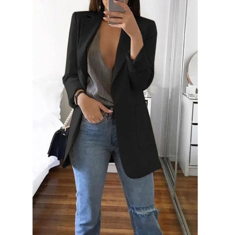 Gentillove Women Autumn Solid Color Blazer Female Work Office Pocket Tweed Blazer Oversized Casual Slim Coat Fashion 2021