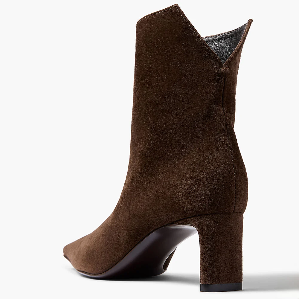 Brown Vegan Suede Square Toe Booties for Women with Chunky Heel
