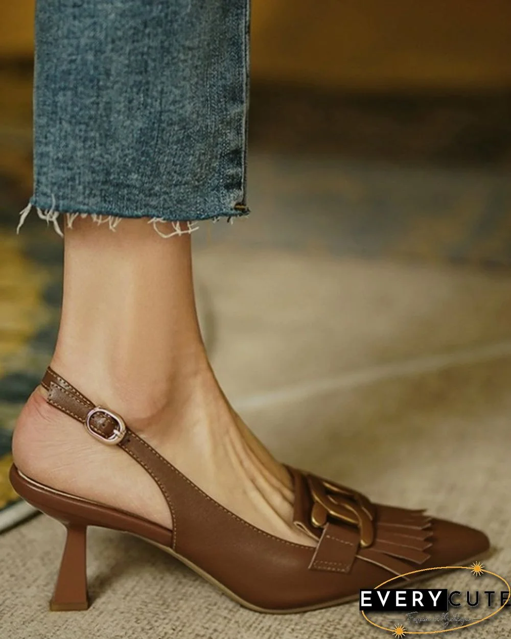 Pointed-toe Solid Color Splicing Tassel Buckles PU Leather High Heels