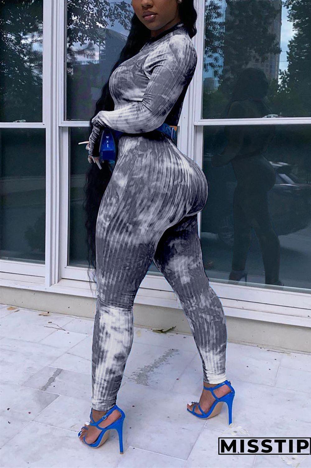 Blue Sexy Casual Print Tie-dye O Neck Long Sleeve Short Two Pieces
