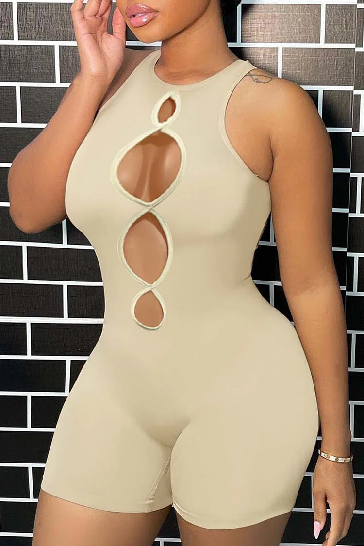 Khaki Sexy Solid Hollowed Out Split Joint O Neck Regular Jumpsuits