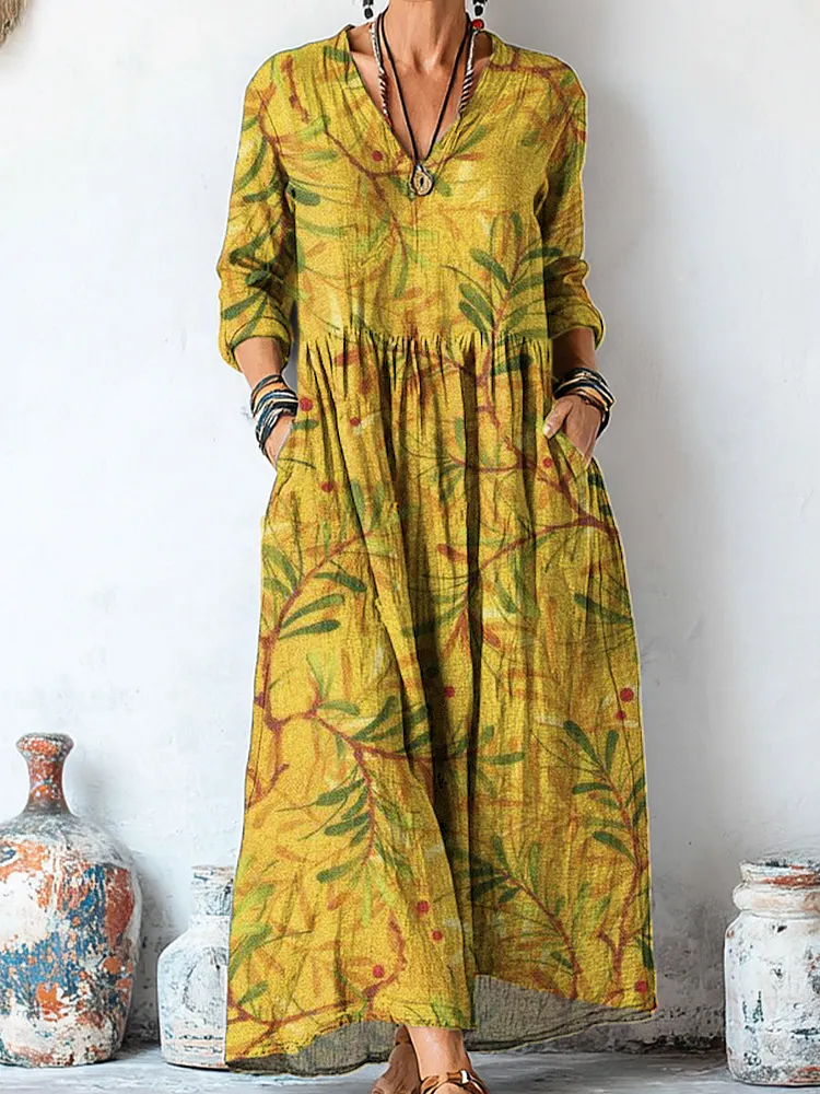 Women's Vintage Ethnic Leaves Painting Art Print Linen Pocket Tunic Dress