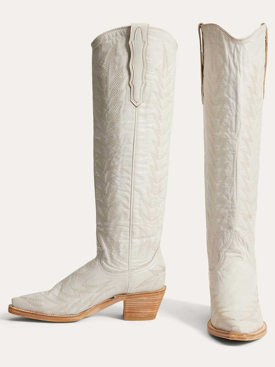 White Vegan Leather Snip Toe Embroidered Wide Calf Cowgirl Boots With Chunky Heels