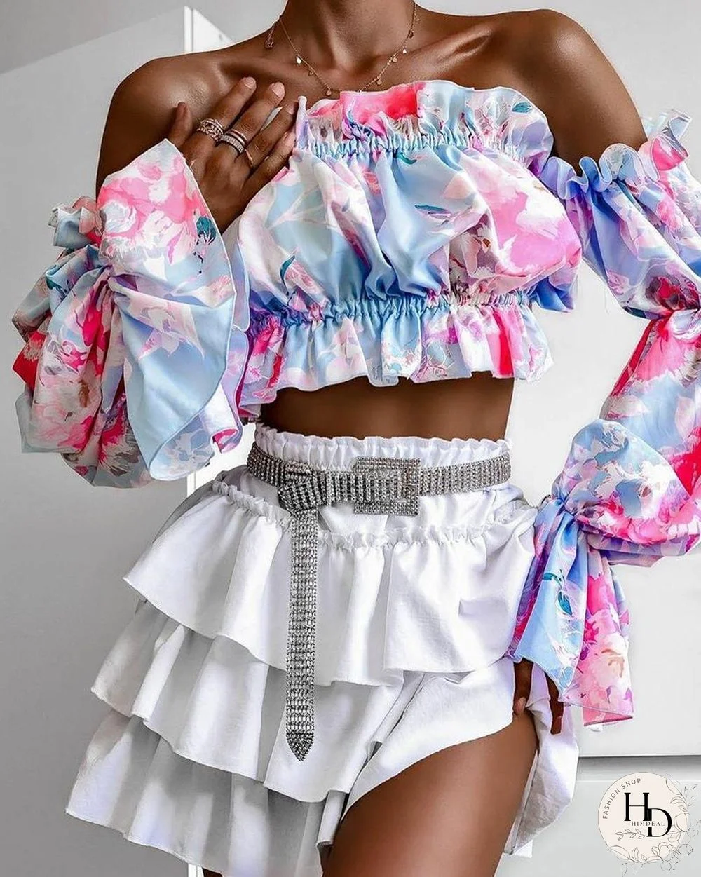 Floral Print Off Shoulder Flared Sleeves Frill Hem Crop Top