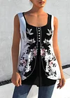 Plus Size Floral Print Decorative Button Faux Two Piece Tank Top