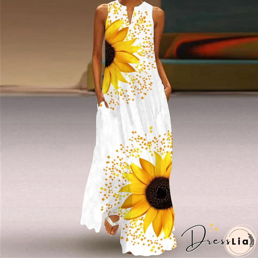 New Fashion Print Summer Dress Casual Sexy Boho Beach Women Party V-neck Sleeveless Pocket