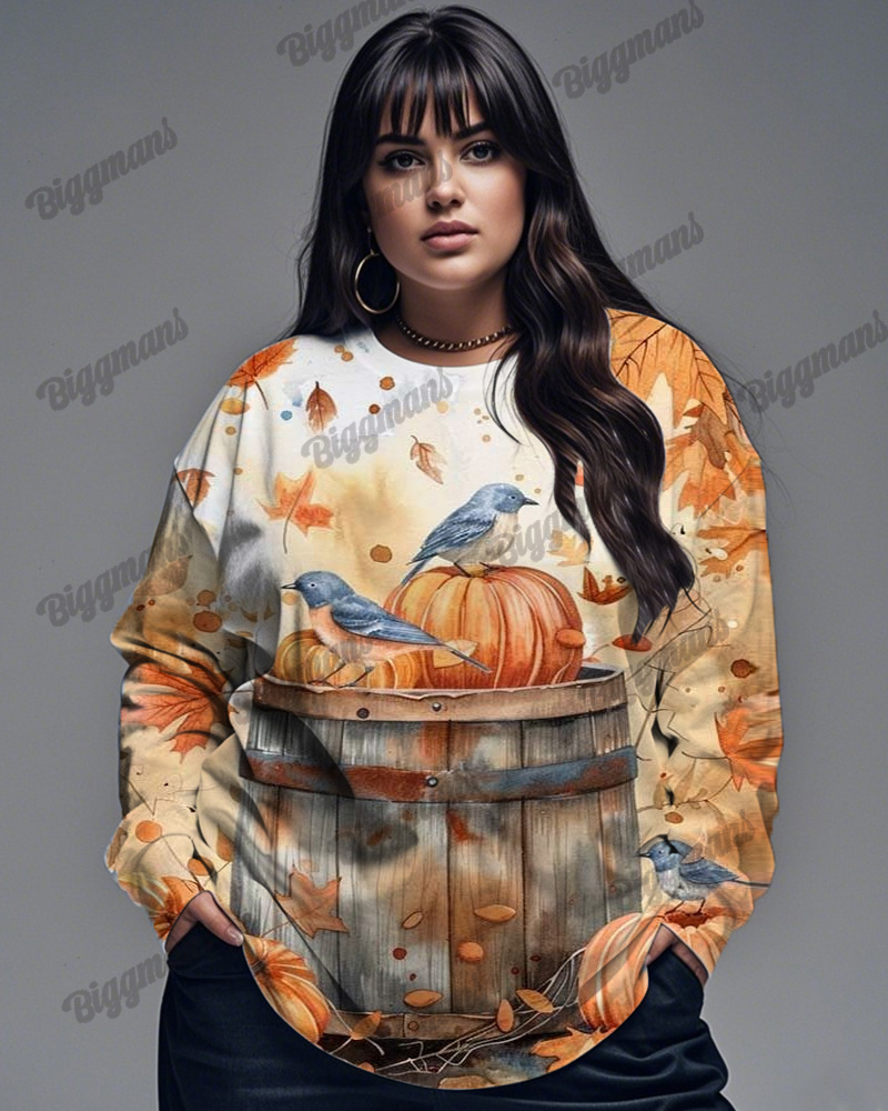 Halloween Pumpkin Leaves Plus Size Long Sleeve Top