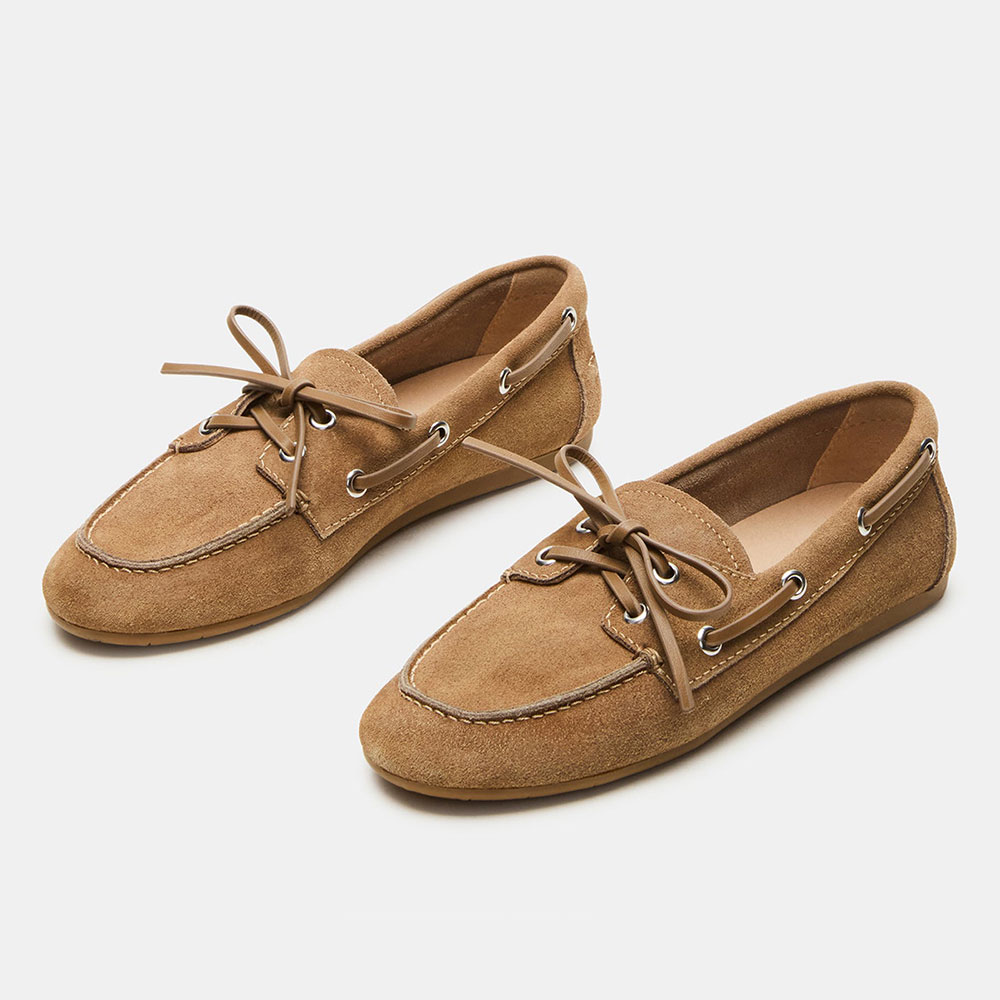 Khaki Grommet Lace Up Round Toe Flat Vegan Suede Loafers Women Nicepairs