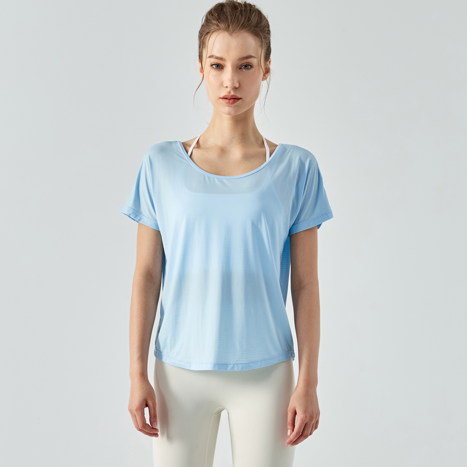 Buy different colors and types of mesh back split buttery soft naked feel cool running fitness tops for women on Hergymclothing Sky Blue