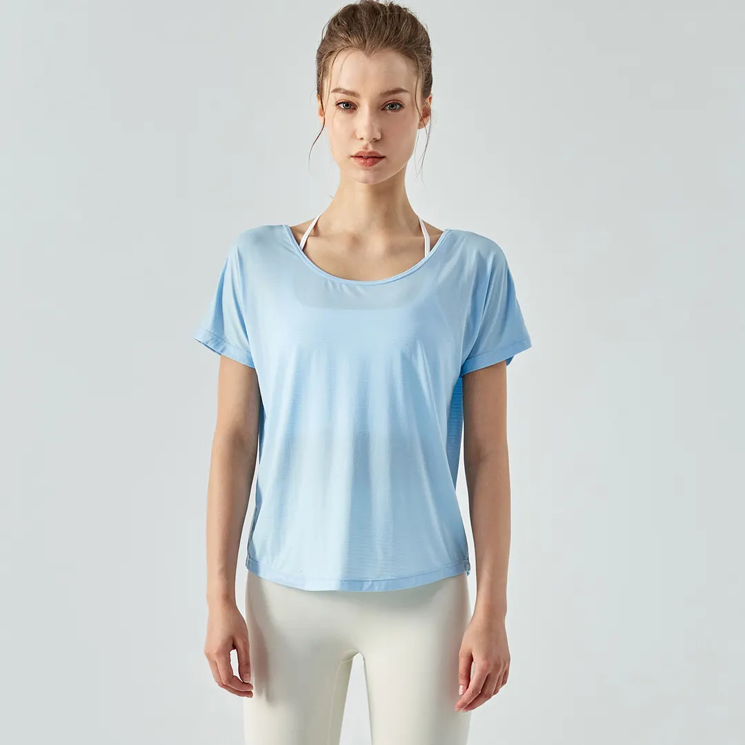 Buy different colors and types of mesh back split buttery soft naked feel cool running fitness tops for women on Hergymclothing Sky Blue