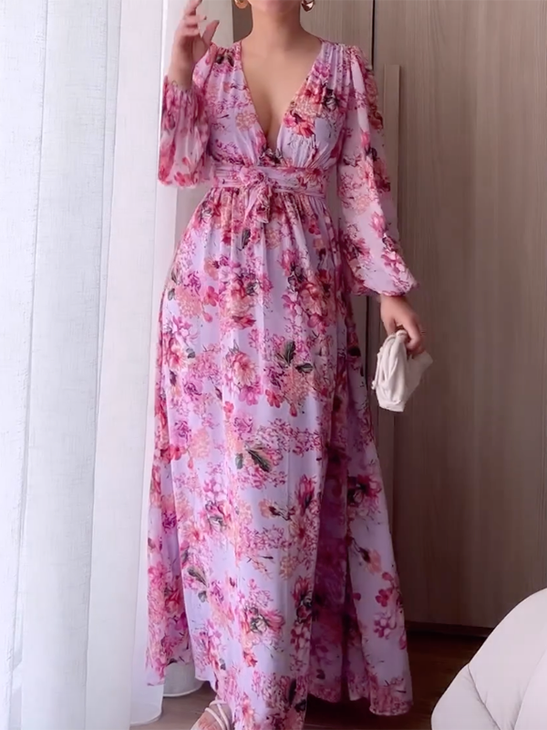 Backless Floral Printed Long Sleeves V-Neck Maxi Dresses