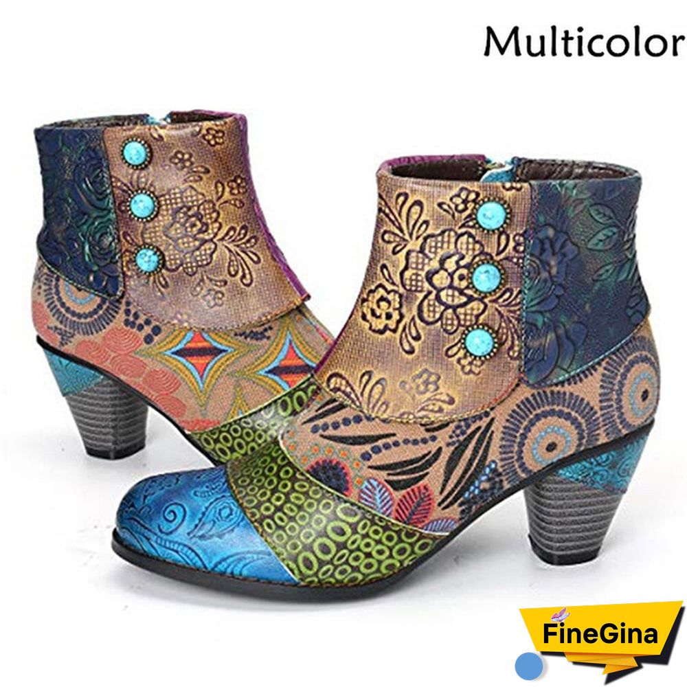 Ladies Fashion Round Toe Patent Leather High Thick Heel Stitching Casual Side Zipper