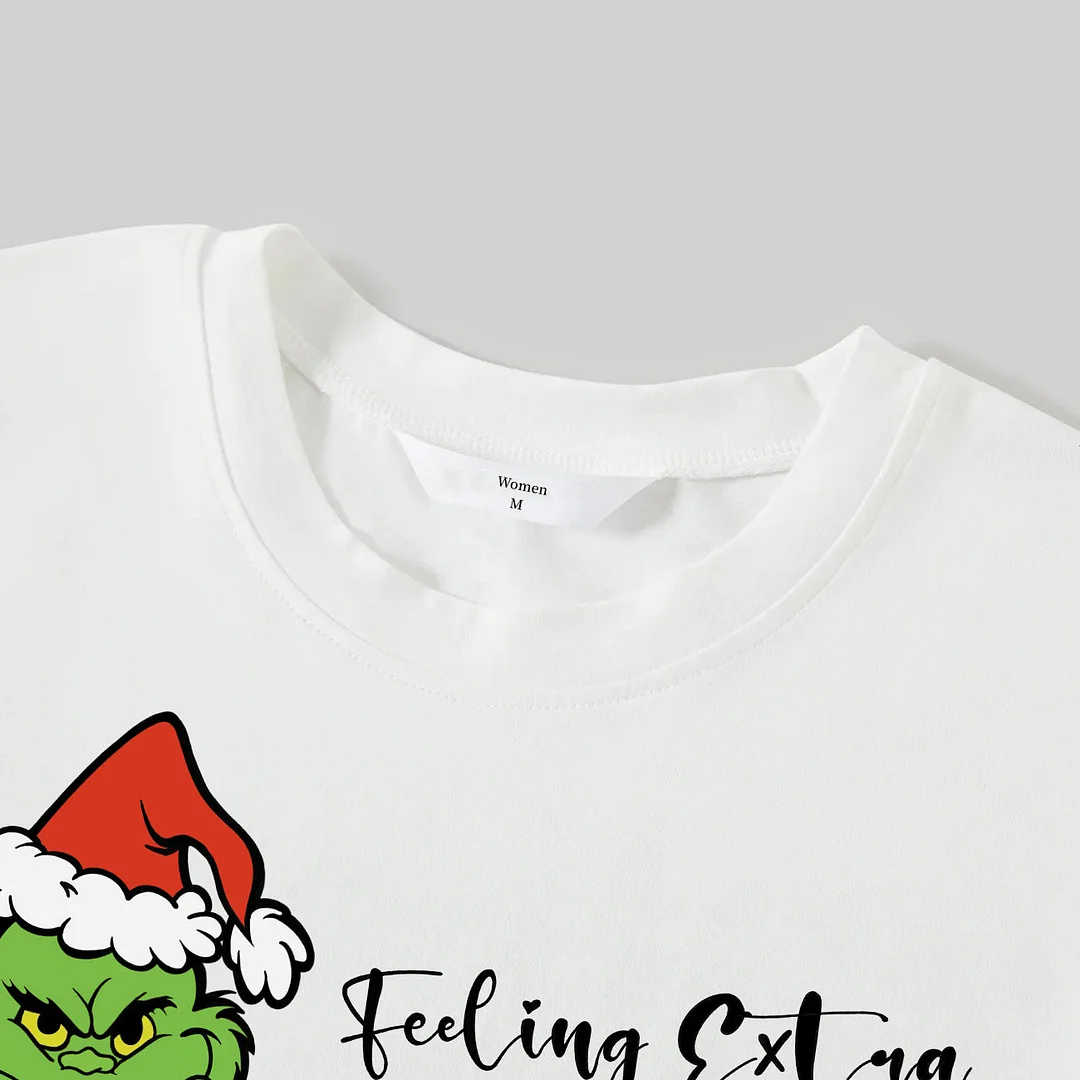 Christmas Green Cartoon Pettern And Red Letter Pattern Print White Top And Red & Black Plaid Pants Family Matching Pajamas