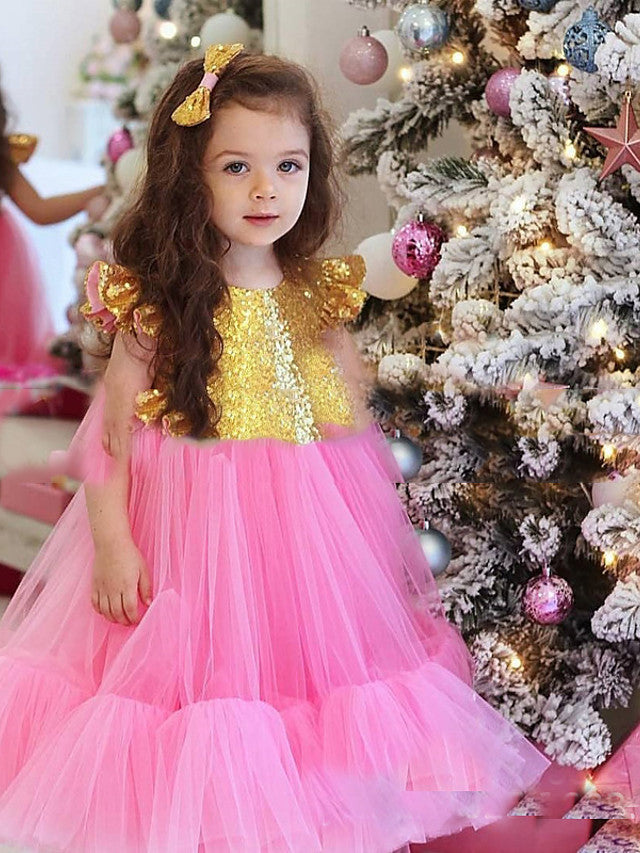 Oknass A-Line Short Sleeve Jewel Neck Flower Girl Dresses Tulle With Splicing Paillette